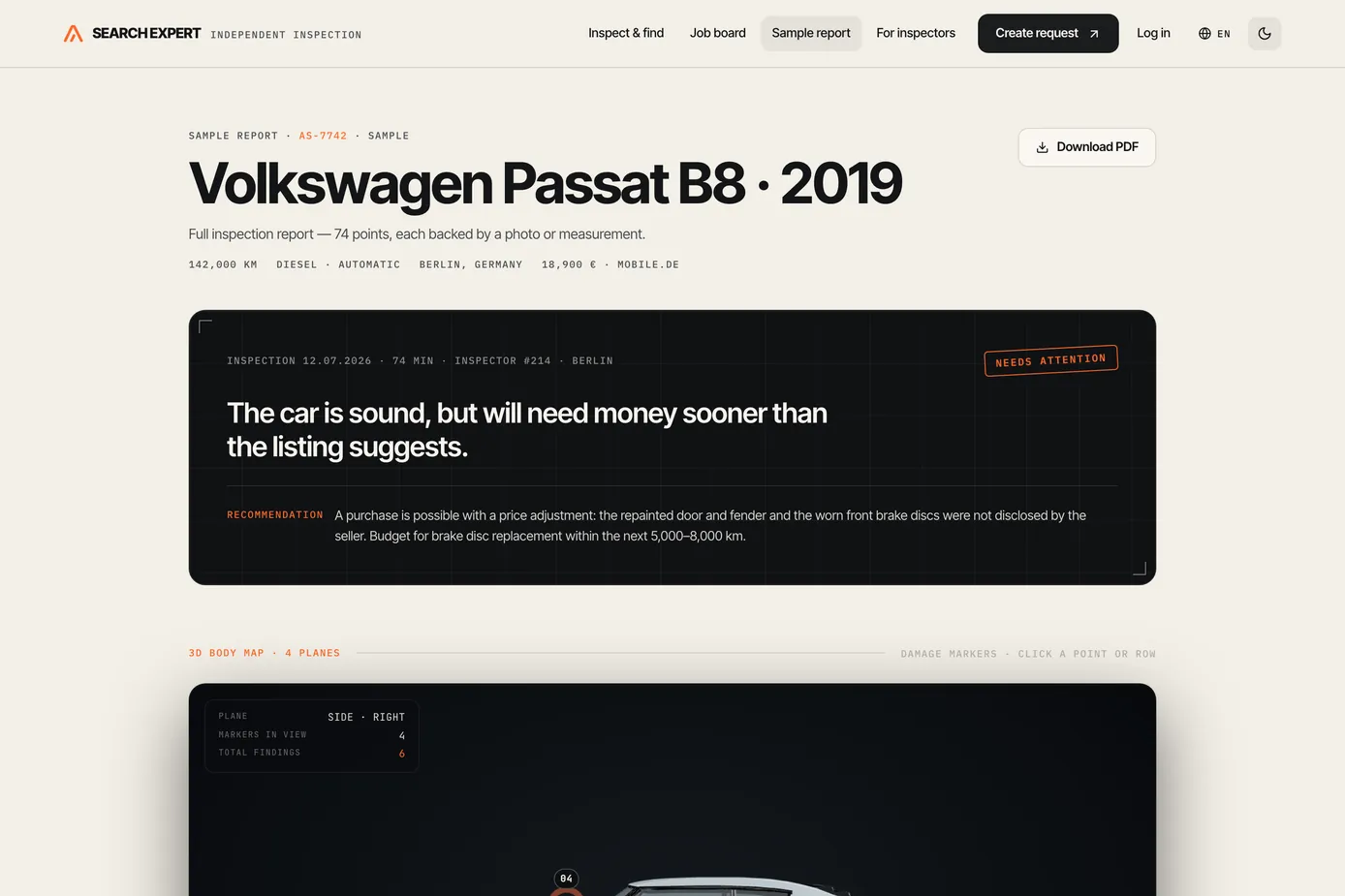 Sample inspection report for a Volkswagen Passat B8, 2019